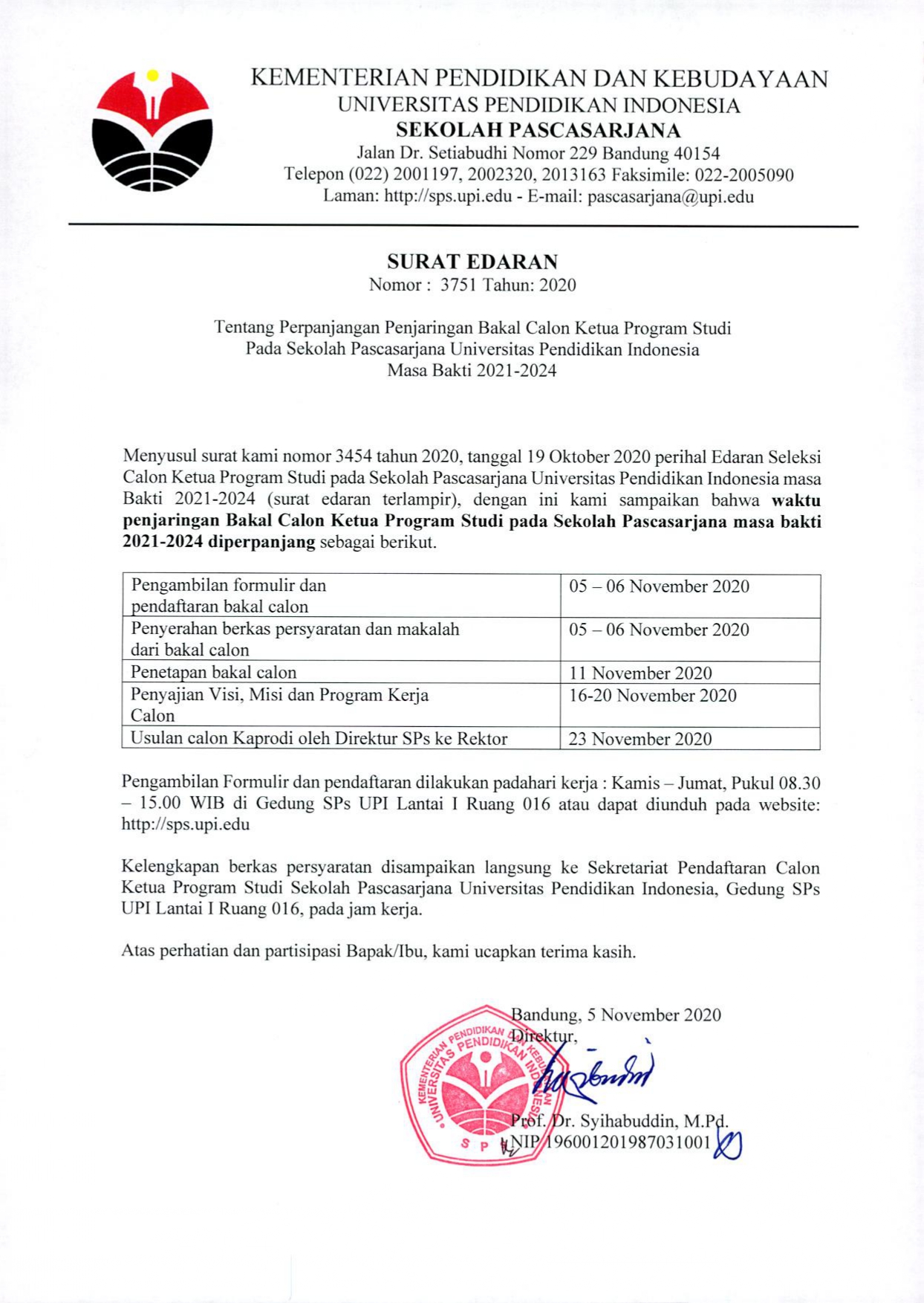 Surat Edaran Tentang Perpanjangan Penjaringan Bakal Calon Ketua Program Studi Pada Sekolah Pascasarjana Universitas Pendidikan Indonesia 