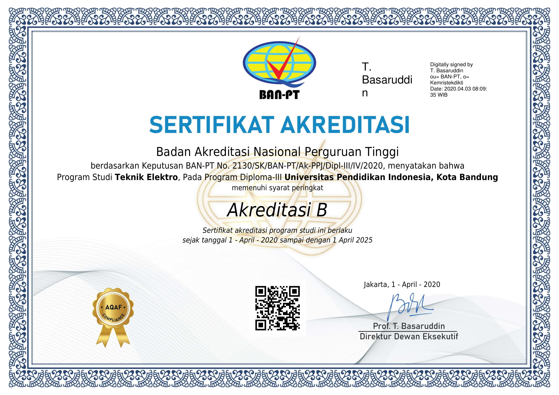 Sertifikat Akreditasi Prodi Teknik Elektro D3 