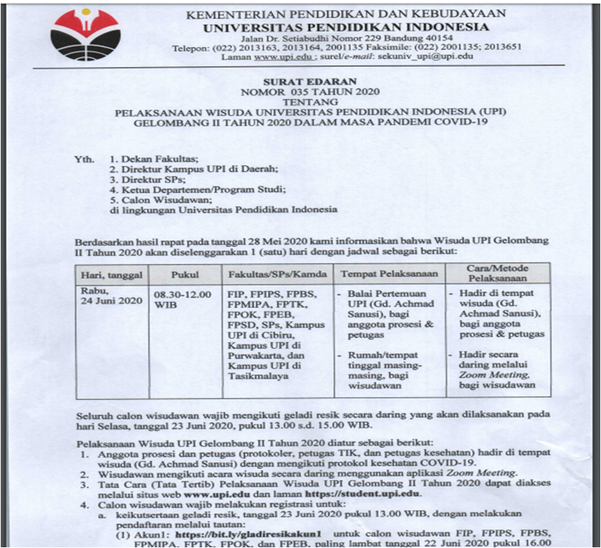 Pelaksanaan Wisuda UPI Gelombang II Tahun 2020 Dalam Masa COVID 19