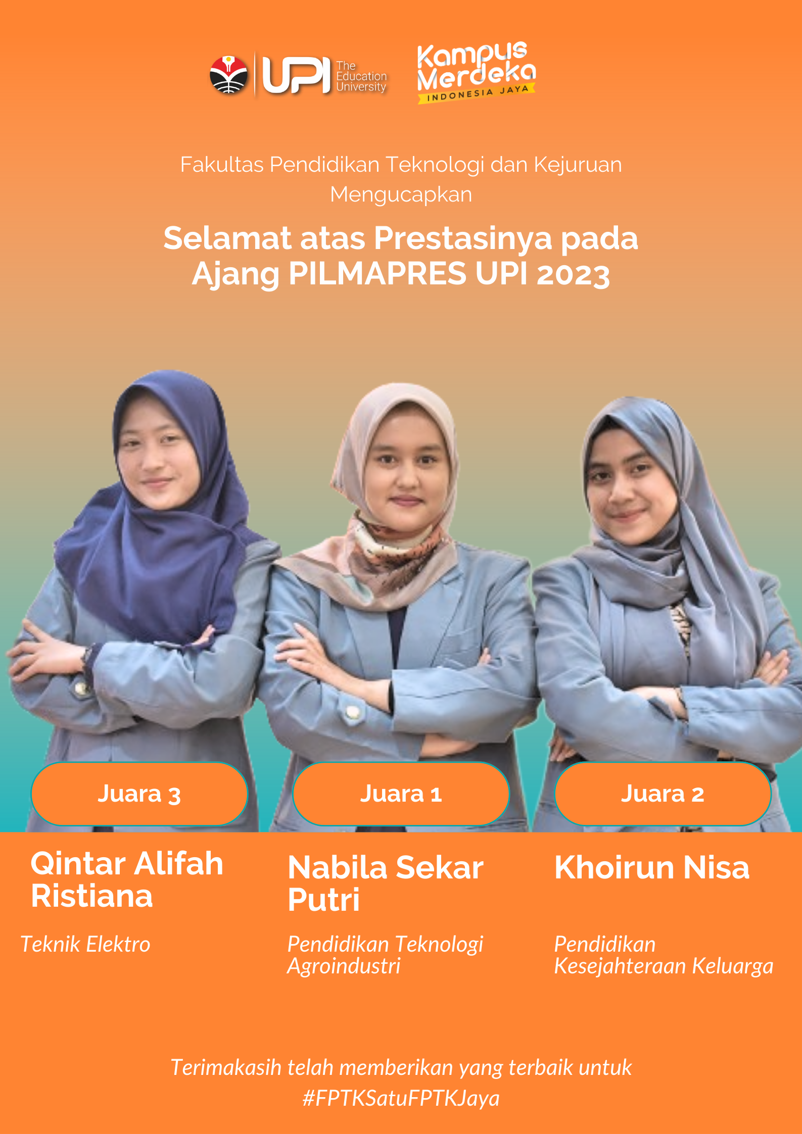 FPTK UPI Mengucapkan Selamat Atas Prestasinya yang Diraih dalam Ajang PILMAPRES 2023