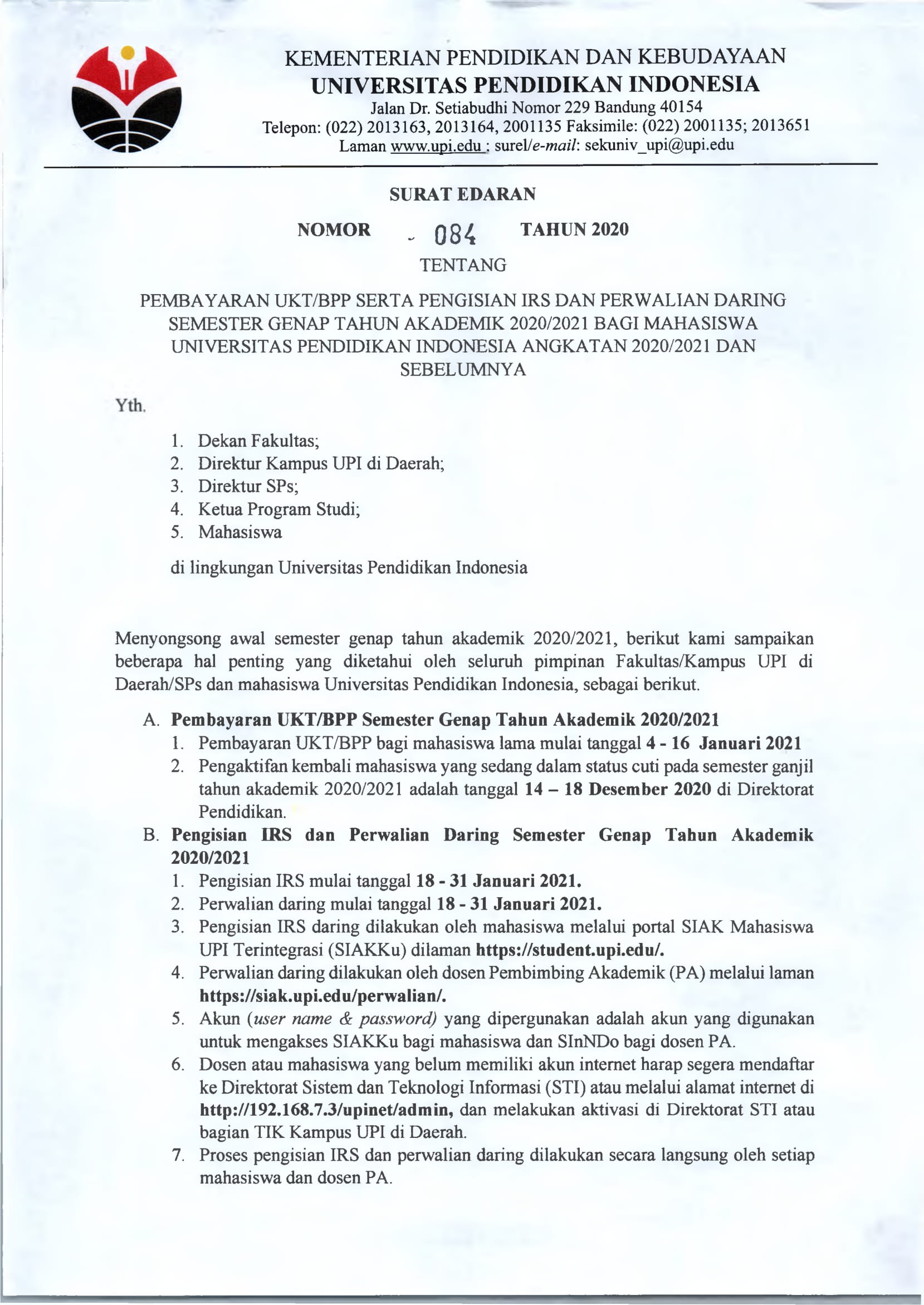 EDARAN NO 084 TAHUN 2020 PEMBAYARAN UKT BPP SERTA PENGISIAN IRS DAN PERWALIAN DARING SEMESTER GENAP 2020