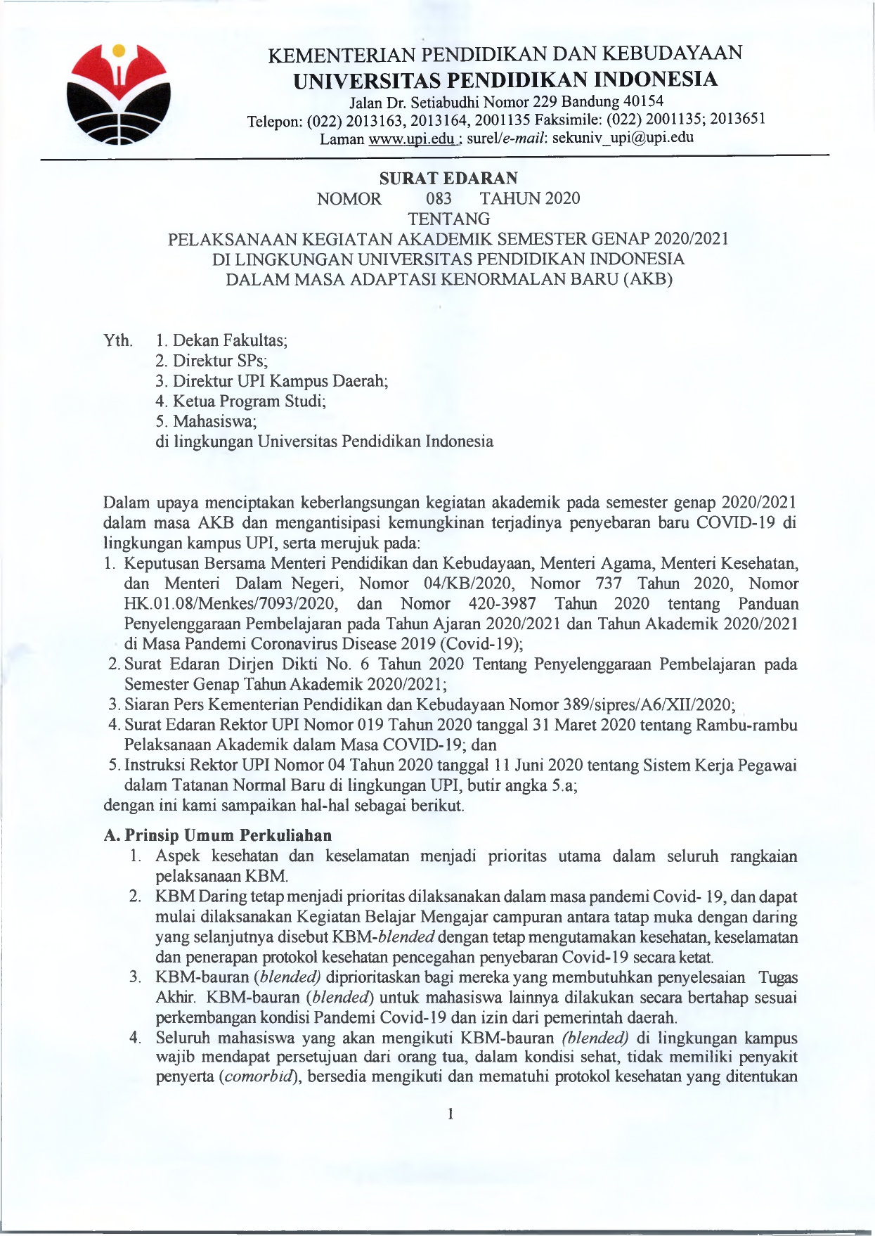 Surat Edaran Pelaksanaan Kegiatan Akademik Semester Genap 202020-2021 di Lingkungan UPI dalam Masa Adaptasi Kenormalan Baru AKB