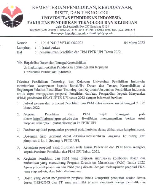 Pengumuman Penelitian dan PKM FPTK UPI 2022