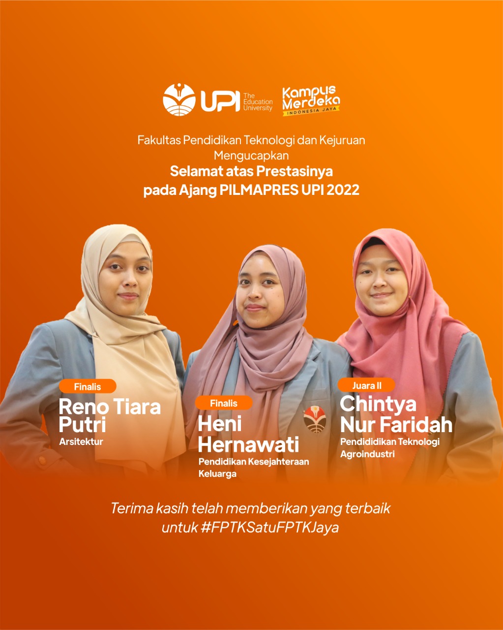 Tiga Srikandi Mapres FPTK Menempati Lima Besar Pilmapres UPI 2022