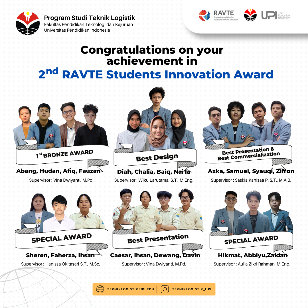 MAHASISWA TEKNIK LOGISTIK RAIH 1ST BRONZE AWARD DAN 6 PENGHARGAAN PADA 2nd RAVTE STUDENT INNOVATION AWARDS