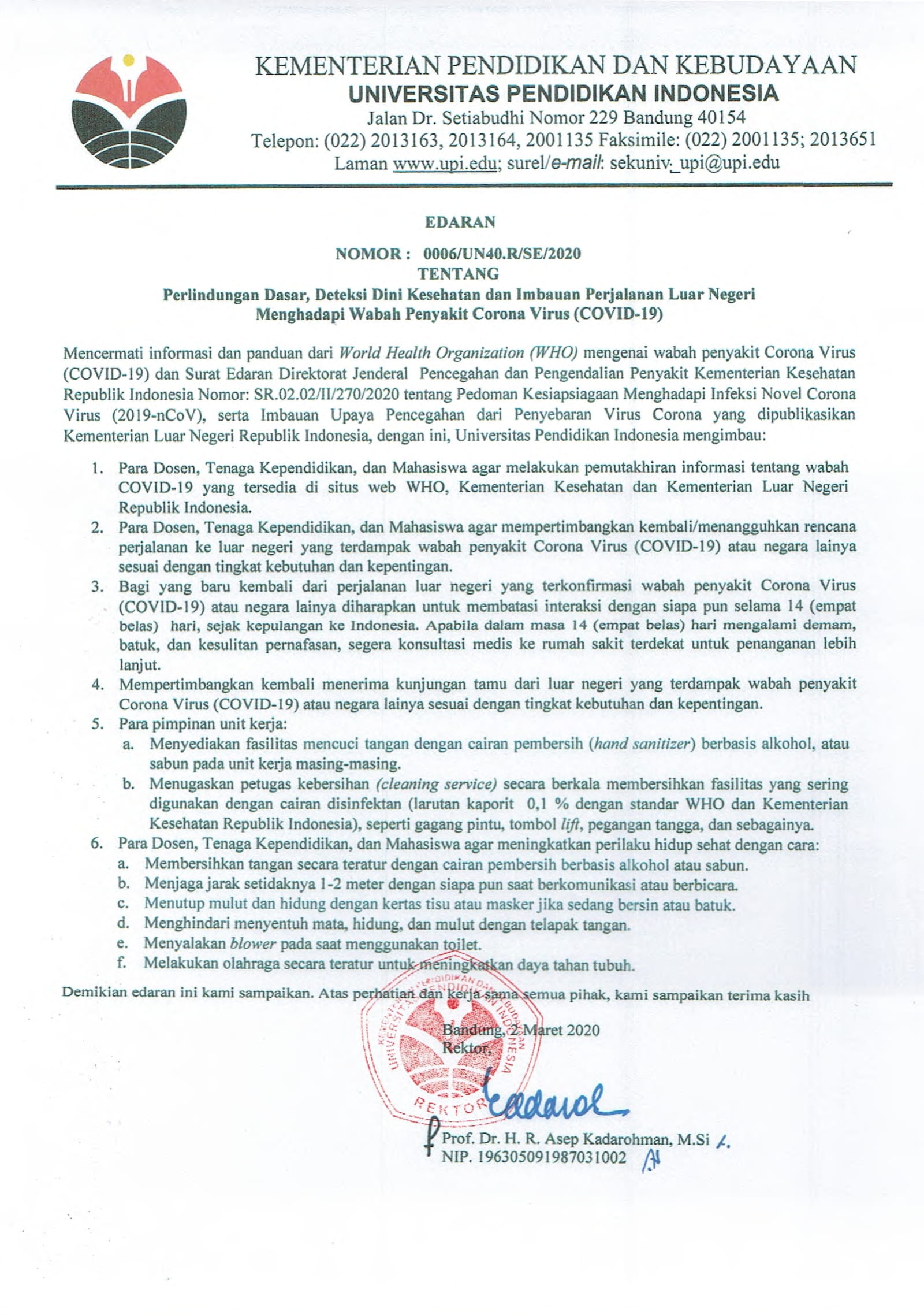 Surat Edaran Rektor UPI tentang Perlindungan Dasar, Deteksi Dini Kesehatan dan Imbauan Perjalanan Luar Negeri Menghadapi Wabah Penyakit Corona Virus
