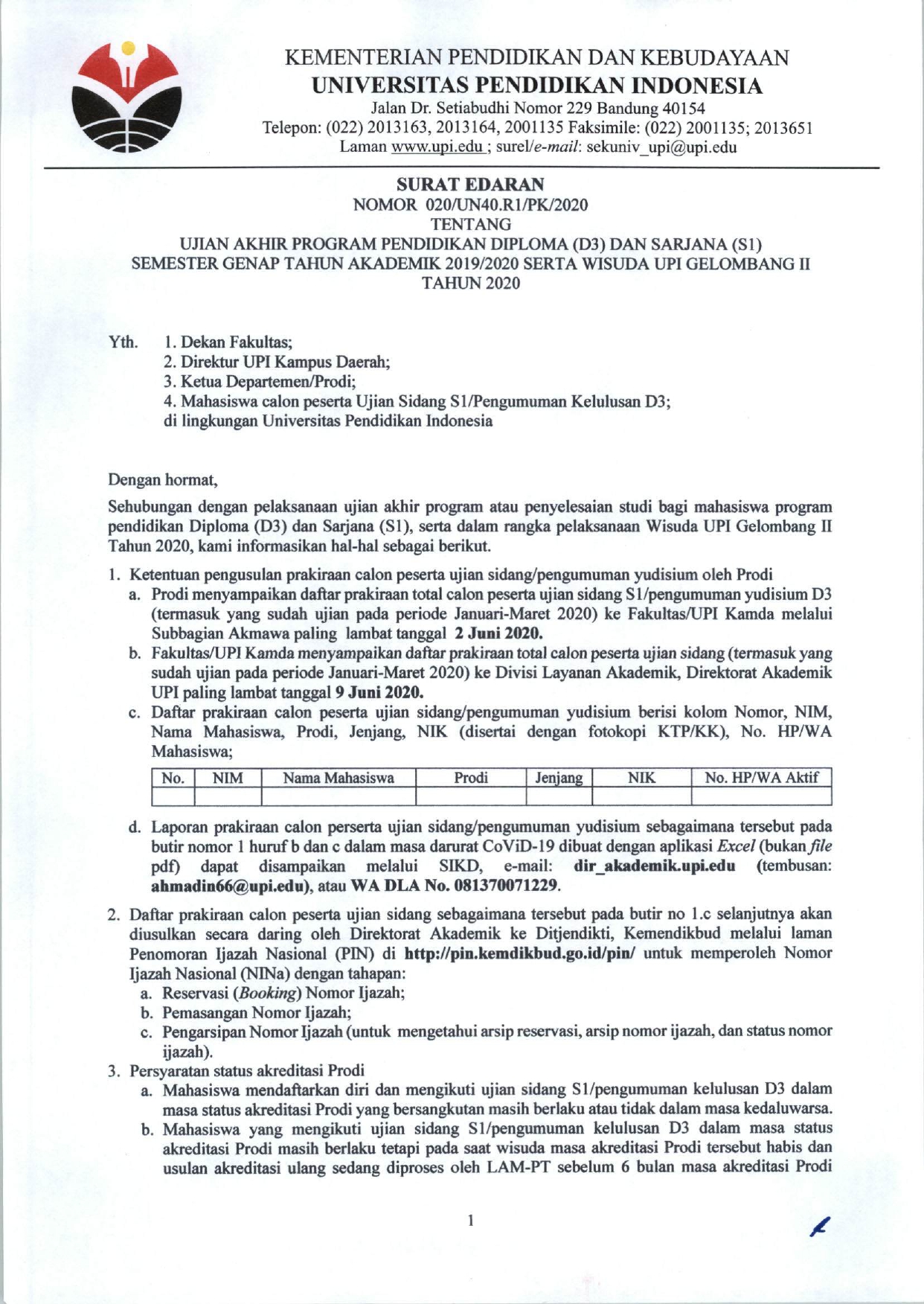 SE. Ujian Akhir Program Pendidikan Diploma D3 dan Sarjana S1 Semester Genap Tahun Akademik 2019-2020 serta wisuda UPI Gelombang II Tahun 2020