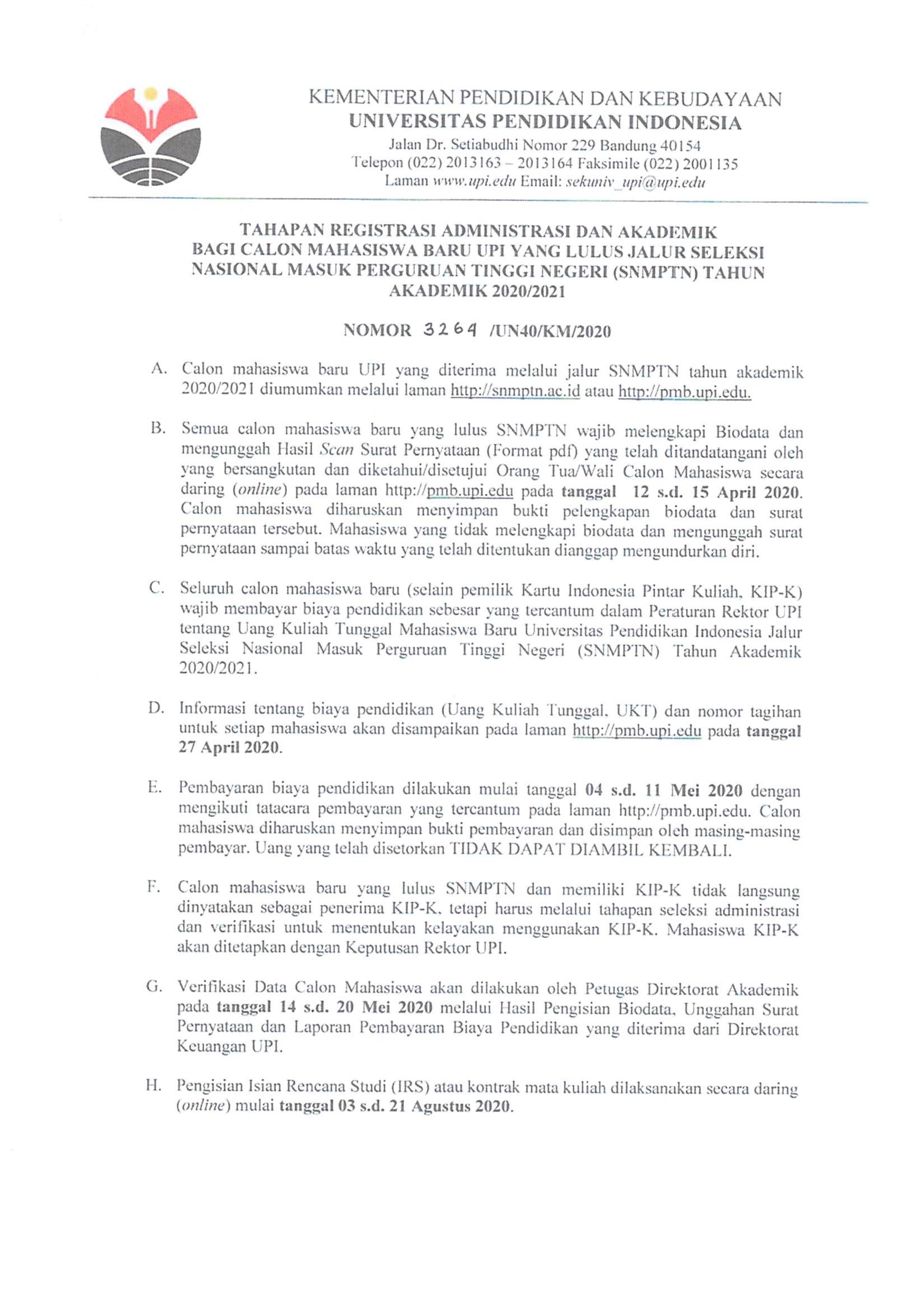 Tahapan Registrasi Administrasi dan Akademik Bagi Calon Mahasiswa Baru UPI Yang Lulus Jalur SNMPTN TA 2020-2021