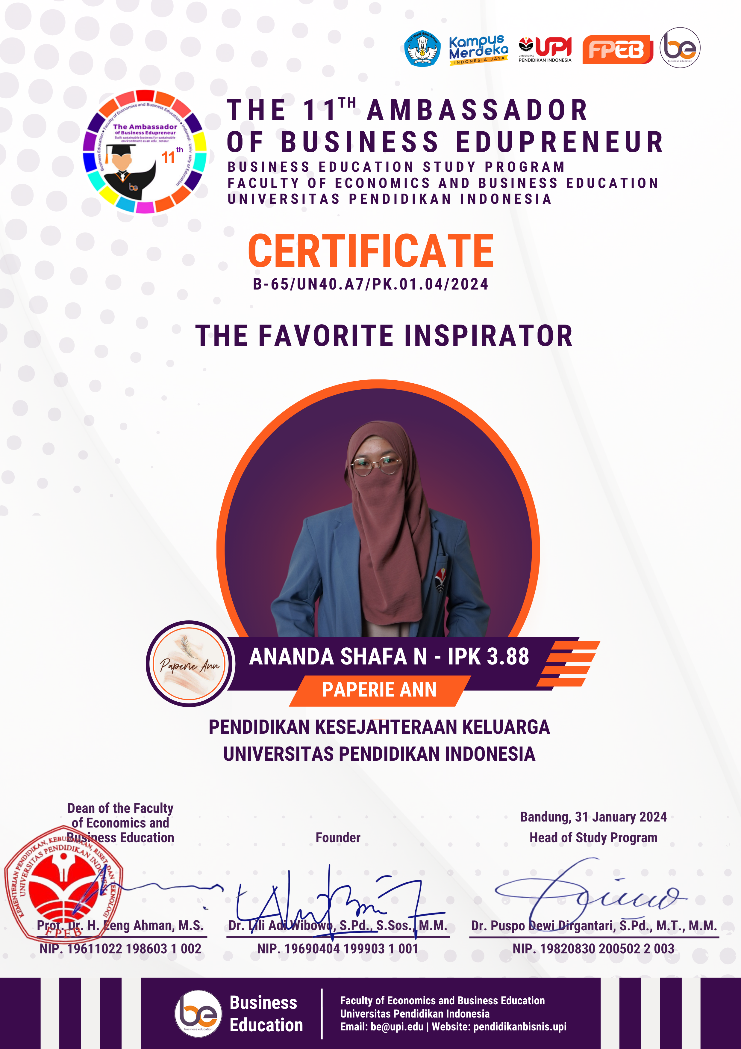 Ananda Shafa Nurfauzia, Mahasiswa Program Studi Pendidikan Kesejahteraan Keluarga: Menjadi Juara 3 Kategori Best Inspirator dalam Kompetensi The 11th Ambassador of Business Edupreneur